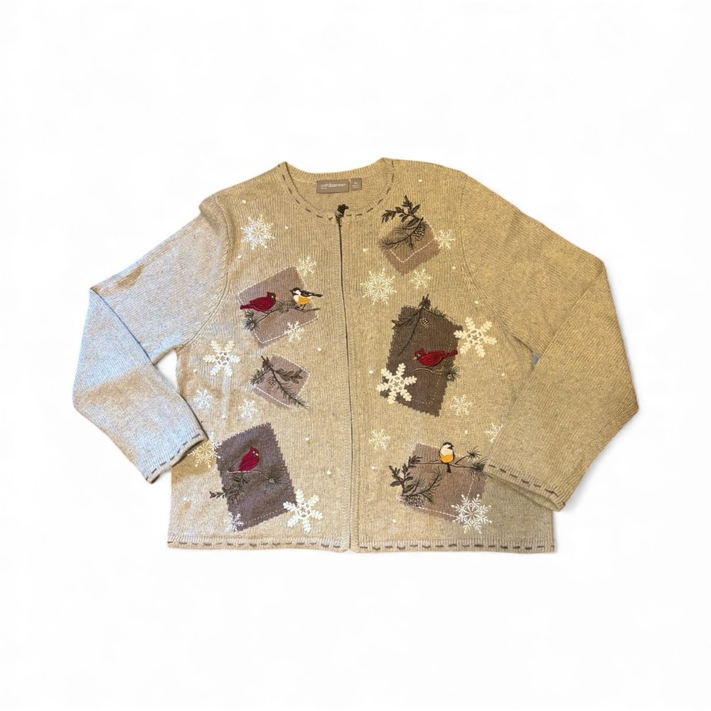Croft & Barrow Oatmeal beige zip up Cardigan with Holiday birds & snowflakes PL